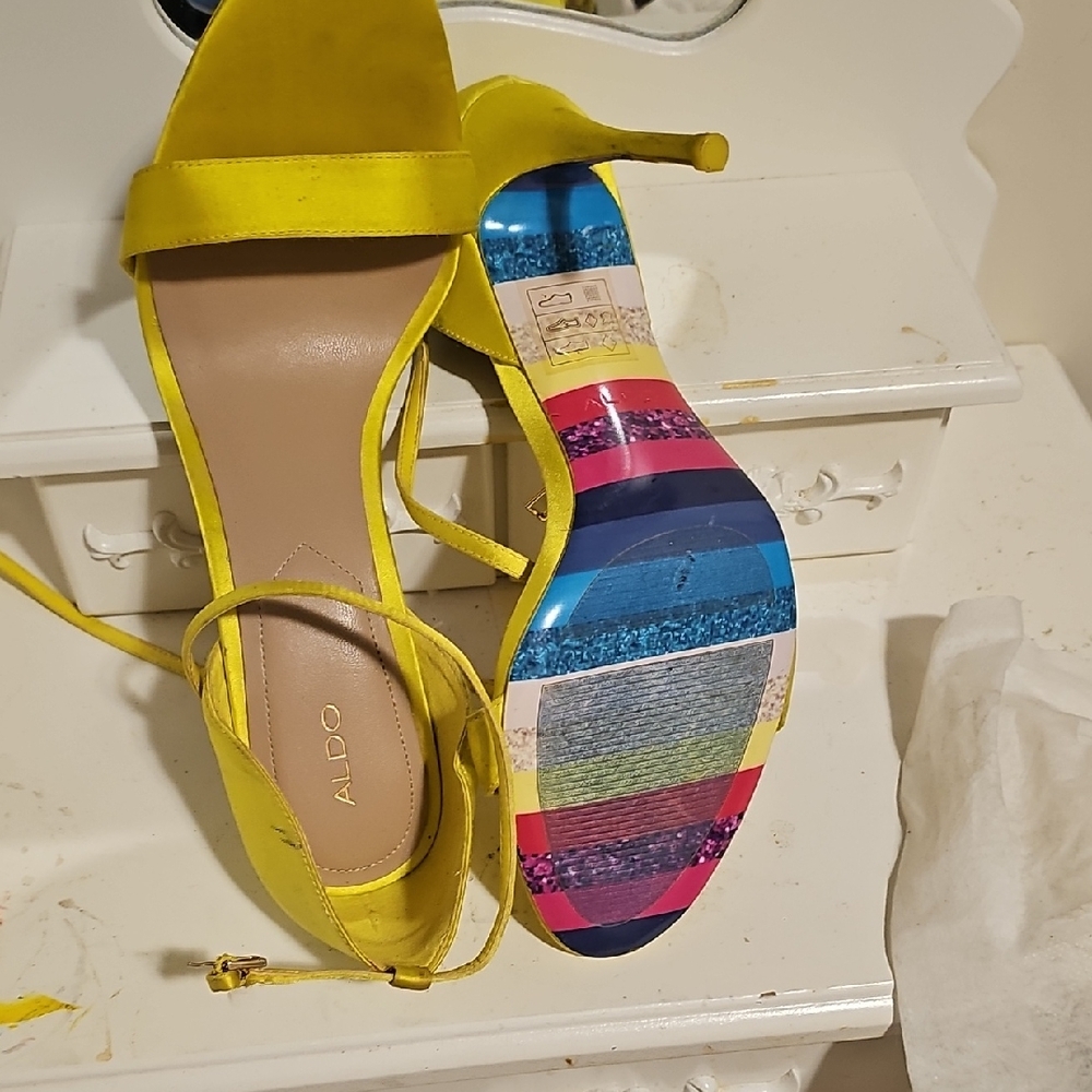 ALDO Yellow Strappy Heels with Colorful‎ Patterned Sole